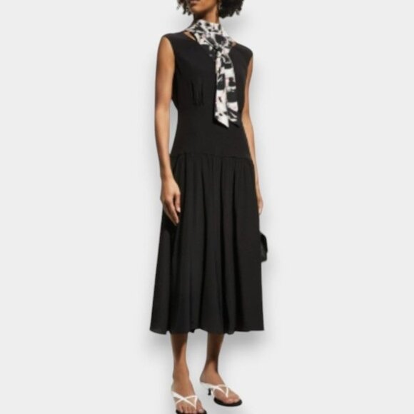 Jason Wu 100% Silk Cap Sleeve Midi Fit & Flare Dress Neck Tie Black 8 NWT